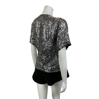 VINTAGE 70s 80s SILVER BLACK SEQUIN BEADED FLORAL DISCO GLAM PARTY TOP 14 16