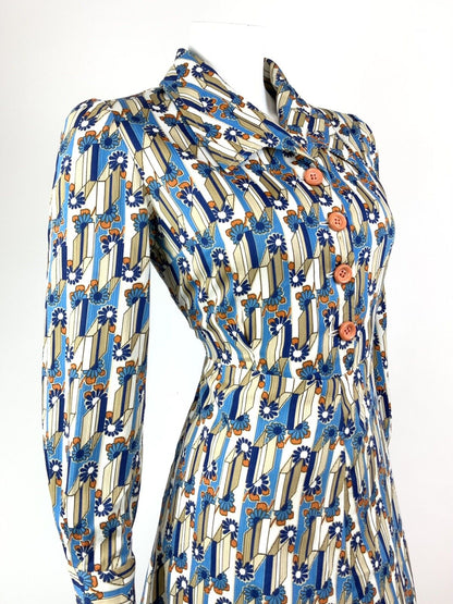 VINTAGE 60s 70s BLUE WHITE ORANGE GEOMETRIC DAISY FLOWER MOD SHIRT DRESS 12