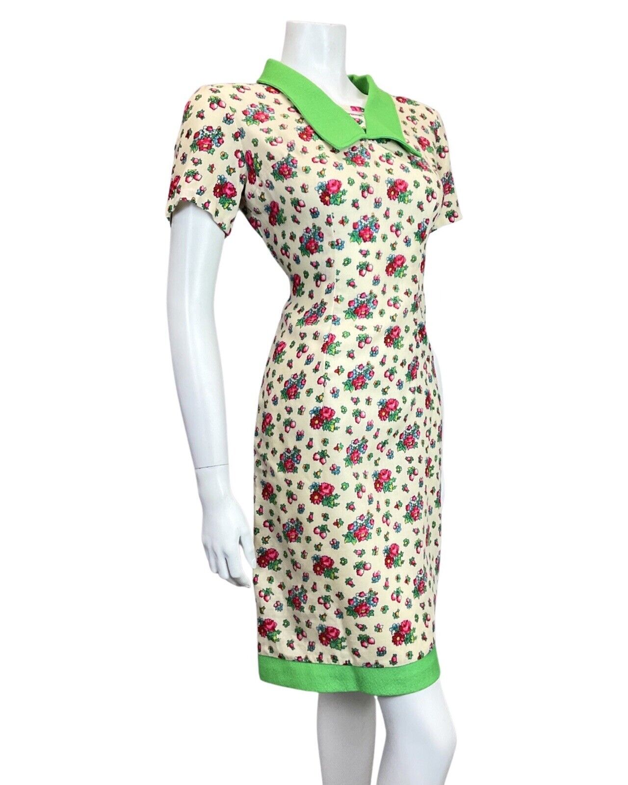 VTG 60s 70s CREAM GREEN RED PINK FLOWER DITSY CHELSEA COLLAR WIGGLE DRESS 12 14
