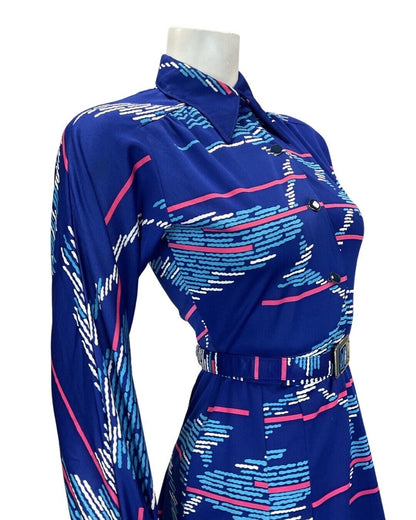 VINTAGE 60s 90s ROYAL BLUE PINK STRIPED GEOMETRIC MOD DAGGER SHIRT DRESS 8