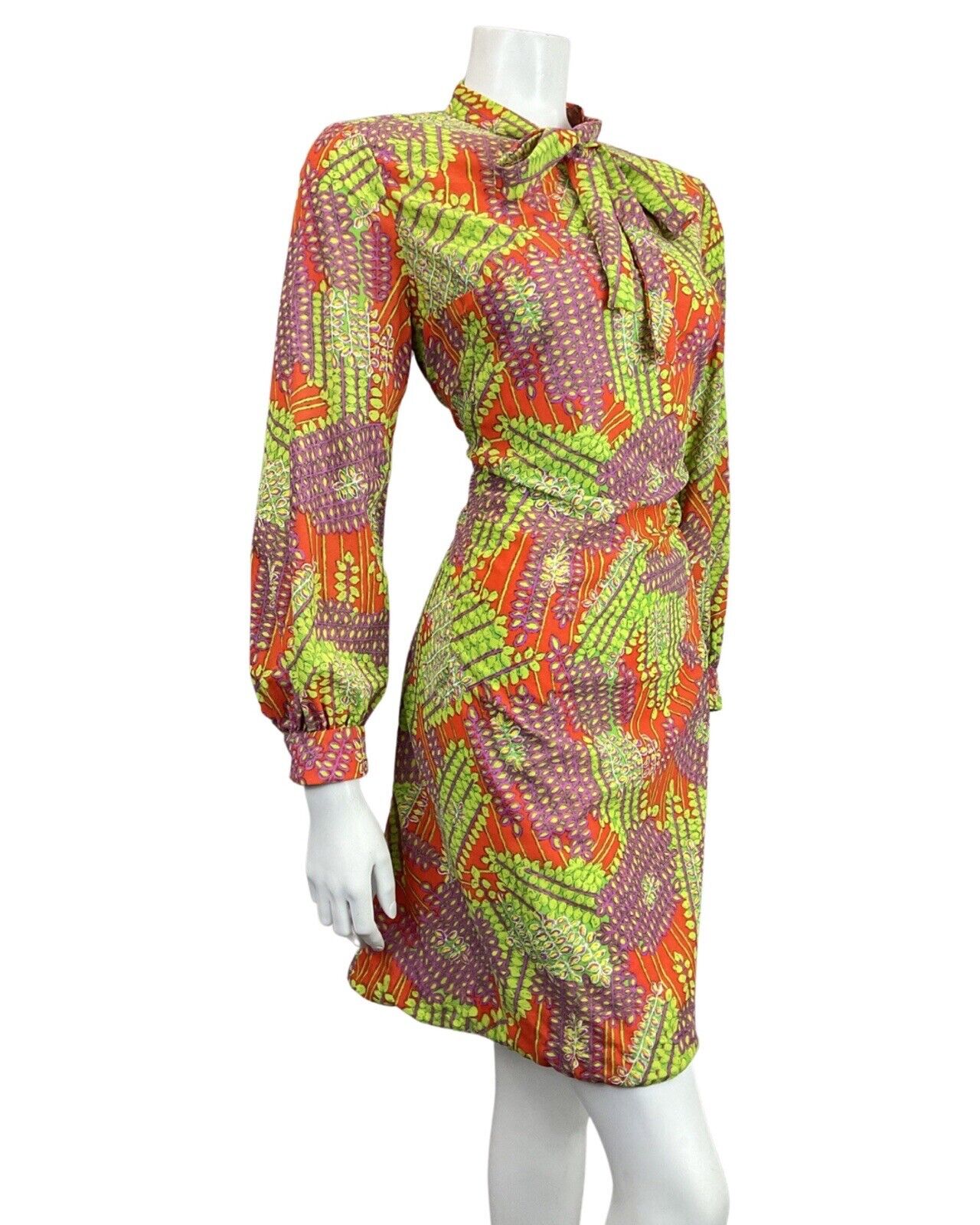 VINTAGE 60s 70s ORANGE GREEN PURPLE PSYCHEDELIC VINE LEAFY BOW MOD DRESS 12 14