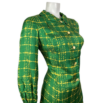 VINTAGE 60s 70s GREEN YELLOW CHECKED MOD DAGGER COLLAR SHIRT DRESS 12 14