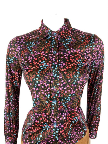 VINTAGE 60s 70s BLACK RED BLUE BROWN FLORAL DITSY DAGGER SHIRT BLOUSE 8 10