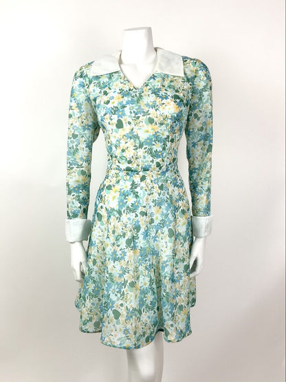 VINTAGE 60s 70s GREEN BLUE BEIGE FLORAL DITSY MOD SHEER SHIRT DRESS 10 12