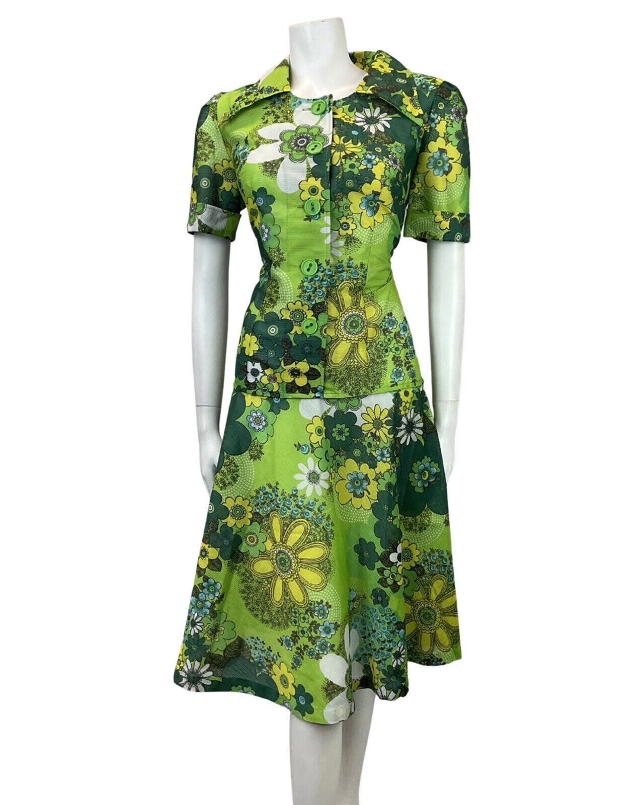 VTG 60s 70s GREEN LIME FOREST FLORAL PSYCHEDELIC DROP WAIST SHIRT DRESS 12 14