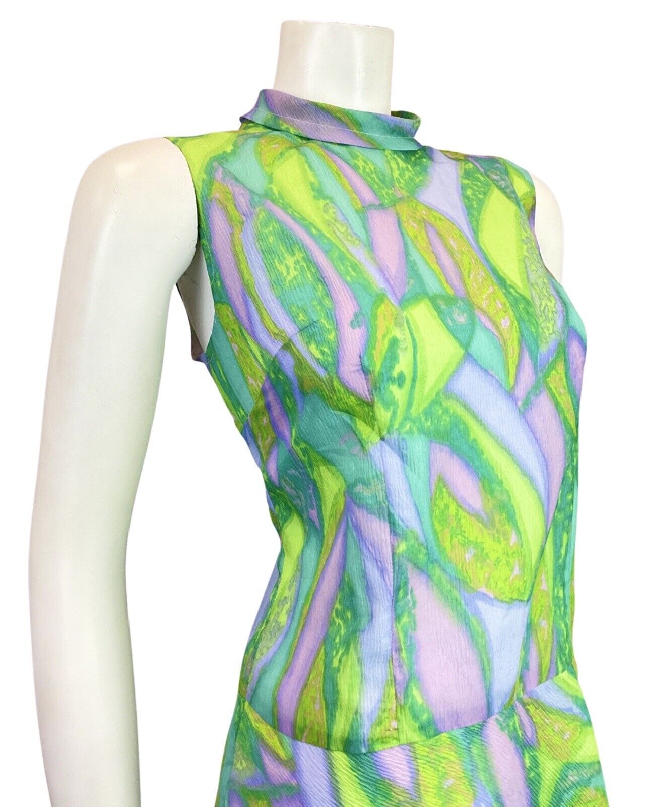 VINTAGE 60s 70s GREEN PURPLE BLUE PSYCHEDELIC SWIRL MOD SLEEVELESS DRESS 12 14