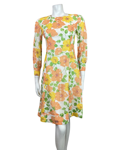 VINTAGE 60s 70s WHITE YELLOW ORANGE GREEN EMBROIDERED FLORAL LEAFY MOD DRESS 8