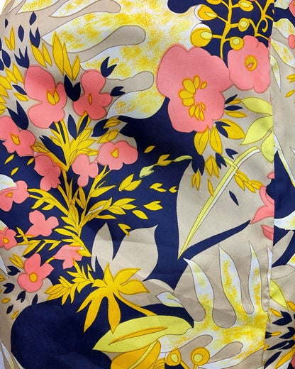 VINTAGE 60s 70s YELLOW BLUE BEIGE PSYCHEDELIC FLORAL PALM LEAF SHIRT DRESS 16