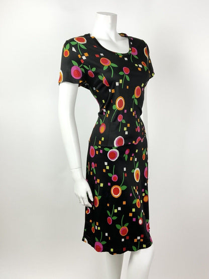 VINTAGE 60s 70s BLACK GREEN RED ORANGE PINK FLORAL SQUARE PSYCHEDELIC DRESS 12