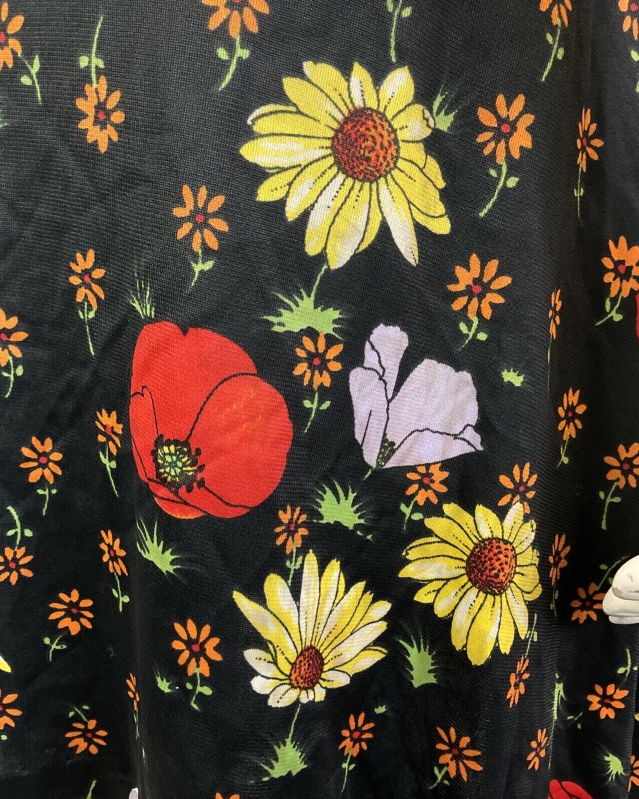 VINTAGE 60s 70s BLACK RED YELLOW FLORAL POPPY SLEEVELESS SUMMER DRESS 10 12