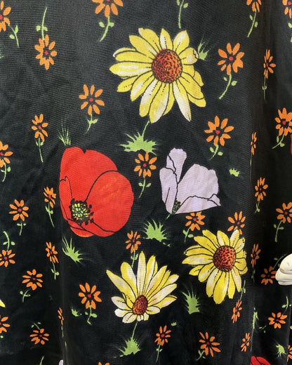 VINTAGE 60s 70s BLACK RED YELLOW FLORAL POPPY SLEEVELESS SUMMER DRESS 10 12