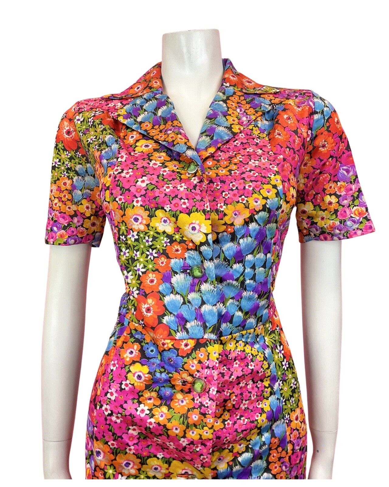 VINTAGE 60s 70s PINK BLUE ORANGE PSYCHEDELIC FLORAL SWIRL SHIRT DRESS 12 14
