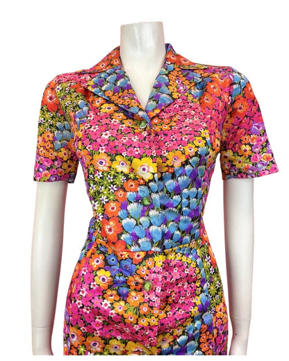 VINTAGE 60s 70s PINK BLUE ORANGE PSYCHEDELIC FLORAL SWIRL SHIRT DRESS 12 14