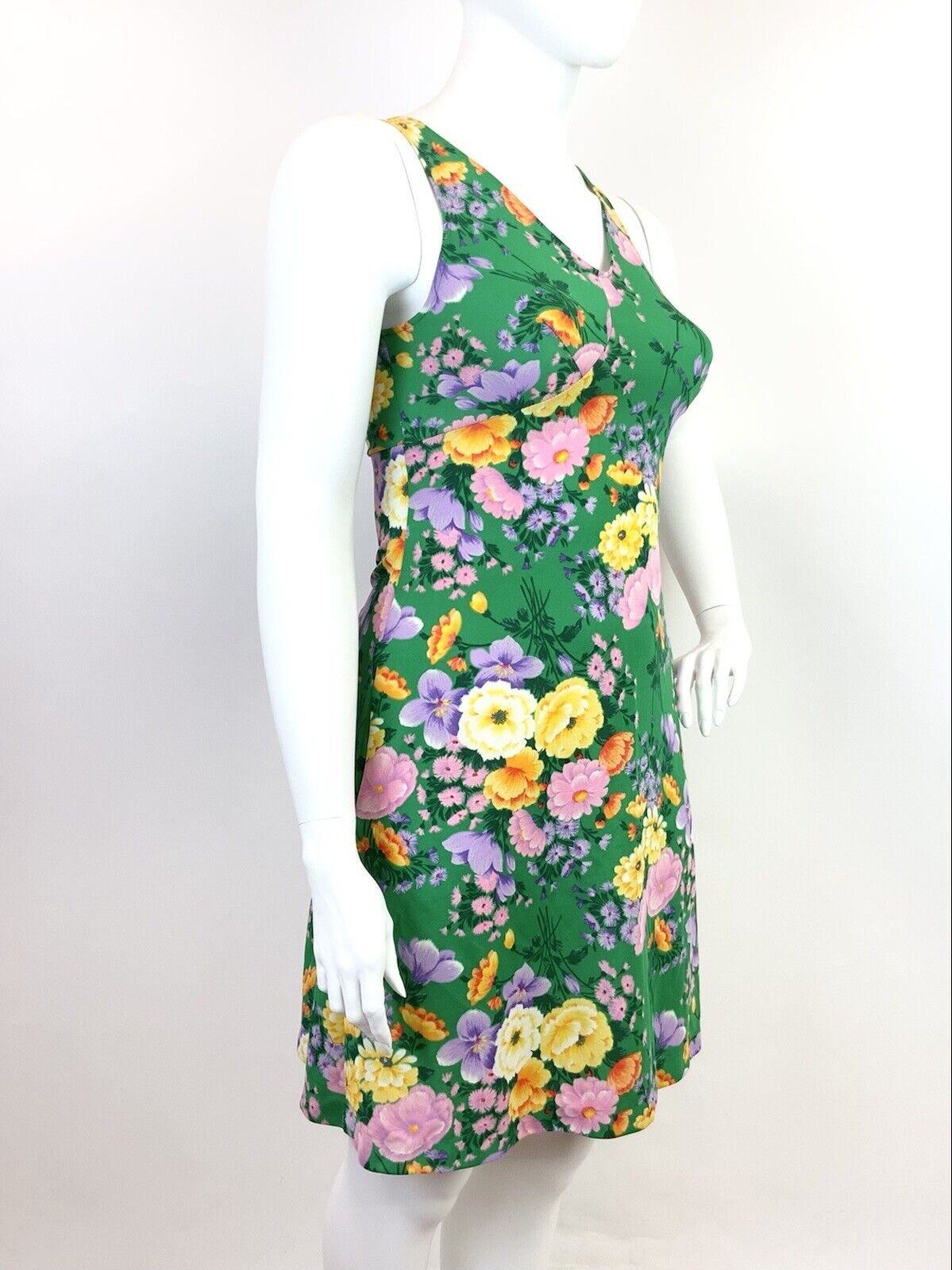 VINTAGE 60s 70s GREEN PURPLE YELLOW FLORAL SLEEVELESS SUMMER SWING DRESS 14