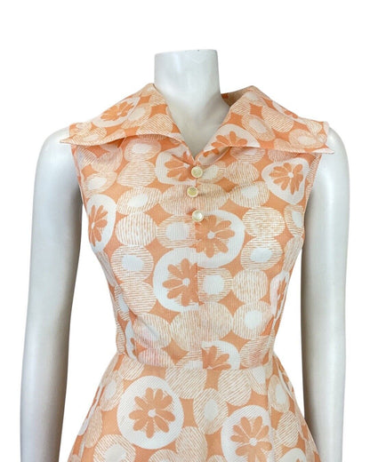 VINTAGE 60s 70s ORANGE PEACH WHITE DAISY DOTTY MOD SHIURT SWING DRESS 10 12