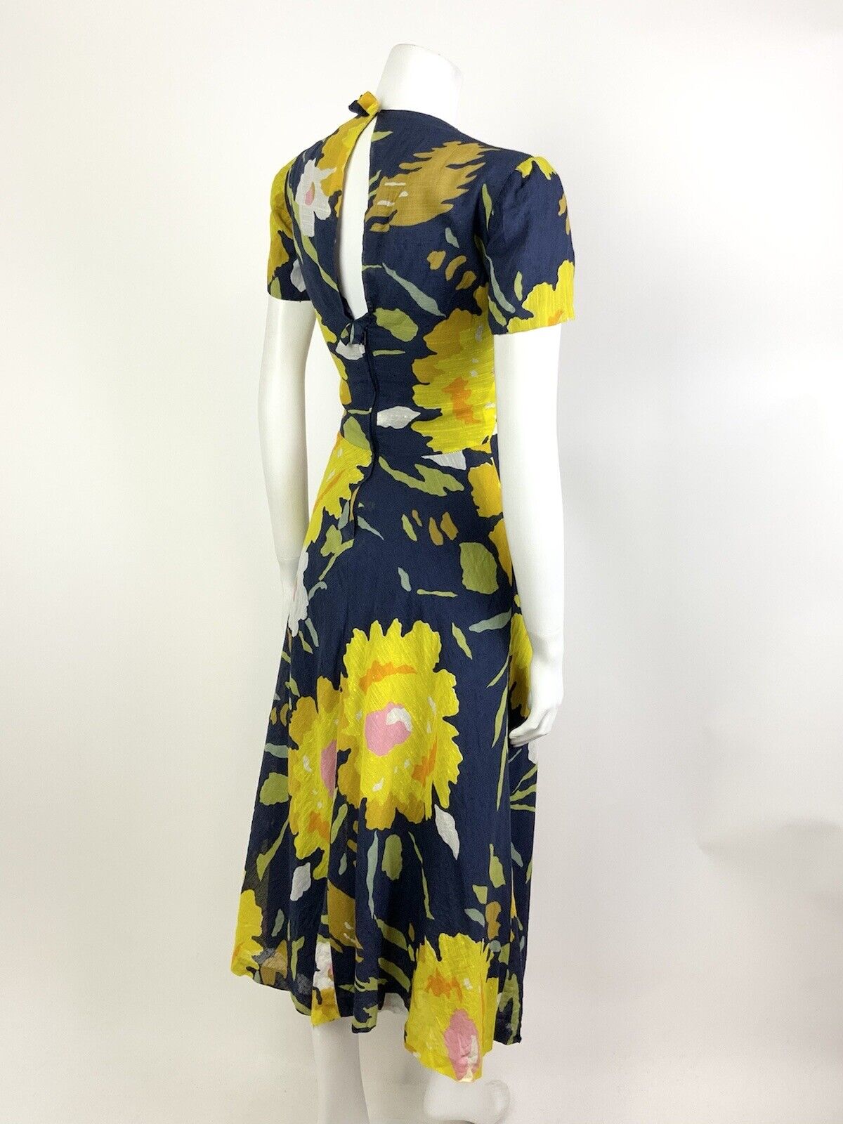 VINTAGE 60s 70s NAVY BLUE YELLOW PINK FLORAL V-NECK SWING SUMMER DRESS 8 10