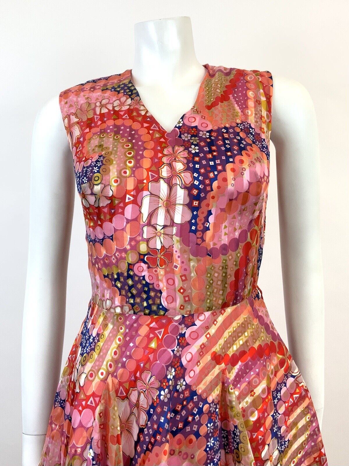 VINTAGE 60s 70s PINK ORANGE BLUE PSYCHEDELIC FLORAL GEOMETRIC FLOATY DRESS 6 8