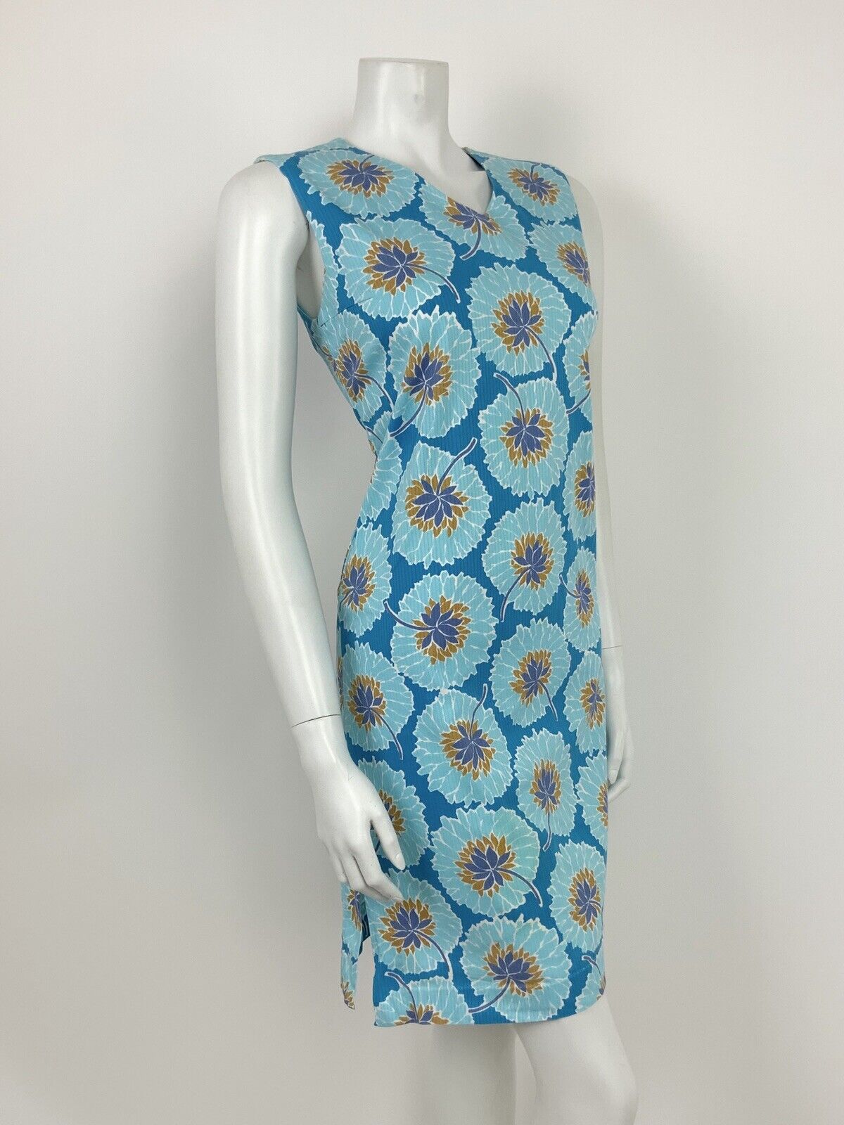 VINTAGE 60s 70s BLUE WHITE GOLD FLORAL SLEEVELESS A-LINE DRESS 8 10