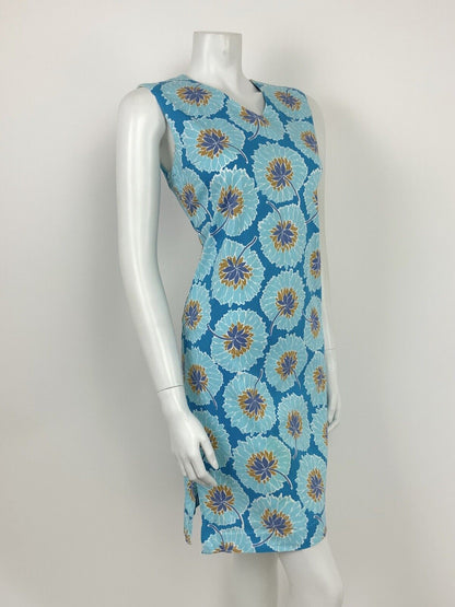 VINTAGE 60s 70s BLUE WHITE GOLD FLORAL SLEEVELESS A-LINE DRESS 8 10