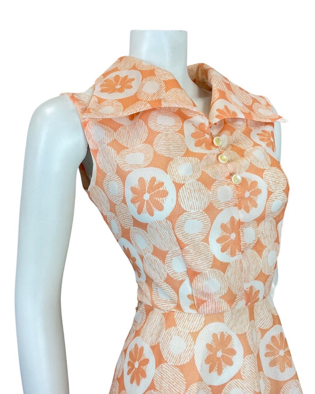 VINTAGE 60s 70s ORANGE PEACH WHITE DAISY DOTTY MOD SHIURT SWING DRESS 10 12