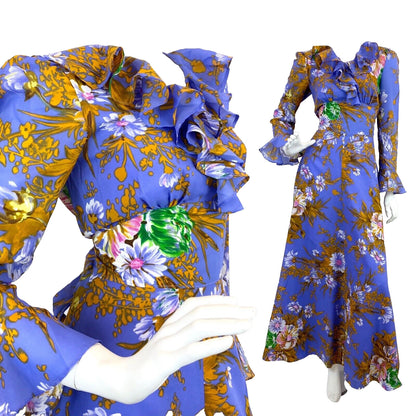 VINTAGE 60s 70s PURPLE GOLD WHITE FLORAL RUFFLED SHEER FLOATY MAXI DRESS 10 12