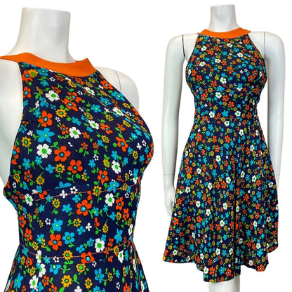 VINTAGE 60s BLUE ORANGE GREEN FLORAL DAISY DITSY MOD HALTER SUMMER DRESS 4 6
