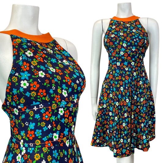 VINTAGE 60s BLUE ORANGE GREEN FLORAL DAISY DITSY MOD HALTER SUMMER DRESS 4 6
