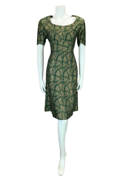 VTG 60S ART DECO FAN GOLD GREEN BLACK SHORT SLEEVE ROUNDED NECK DRESS 12
