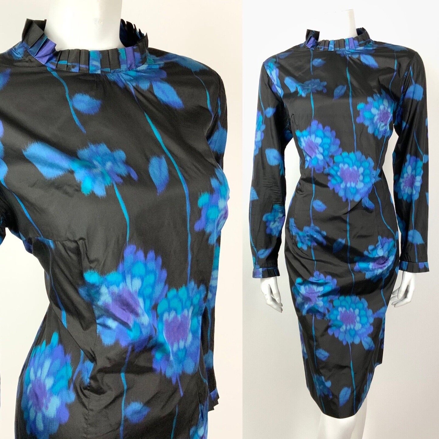 VINTAGE 60s 70s BLACK BLUE PURPLE FLORAL PSYCHEDELIC RUFFLE COLLAR DRESS 14 16