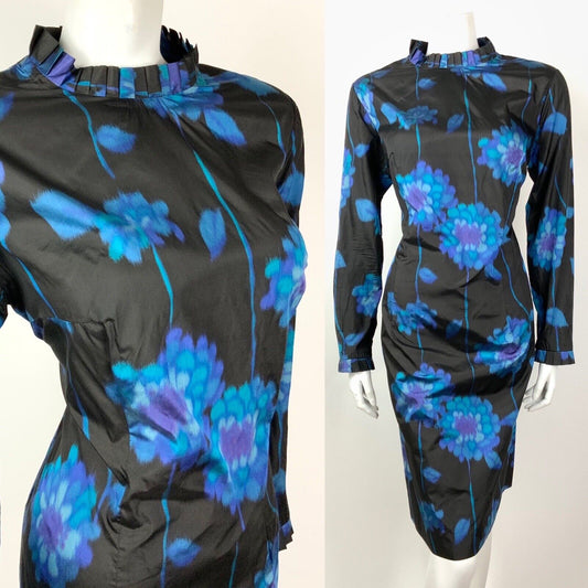 VINTAGE 60s 70s BLACK BLUE PURPLE FLORAL PSYCHEDELIC RUFFLE COLLAR DRESS 14 16