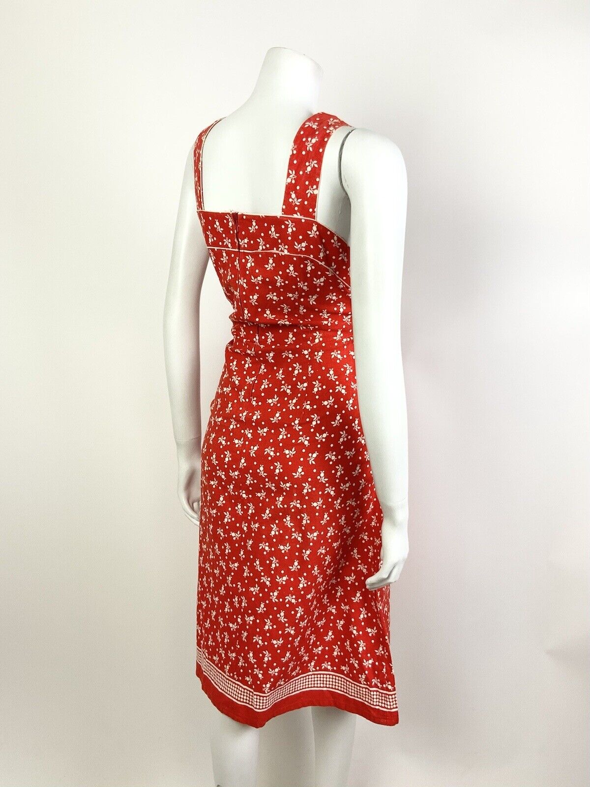 VINTAGE 60s 70s BRIGHT RED WHITE FLORAL DOTTY STRAPPY SUMMER APRON DRESS 10 12