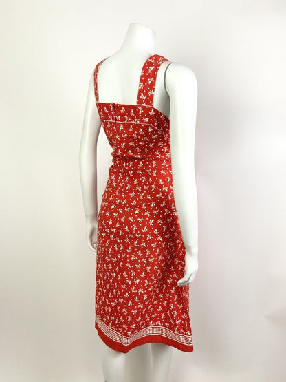 VINTAGE 60s 70s BRIGHT RED WHITE FLORAL DOTTY STRAPPY SUMMER APRON DRESS 10 12