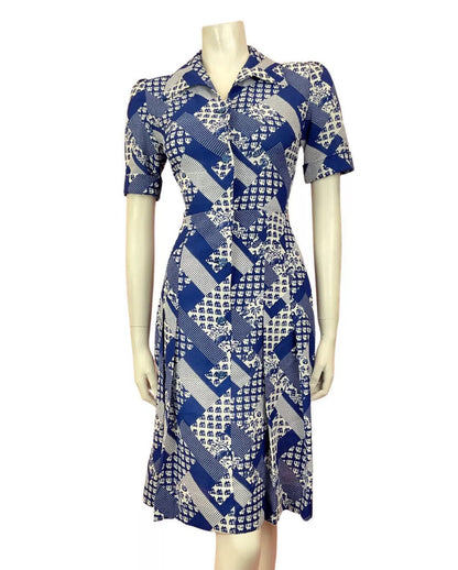 VTG 60s 70s BLUE WHITE GEOMETRIC POLKA-DOT PALM TREE MOD DAGGER SHIRT DRESS 10