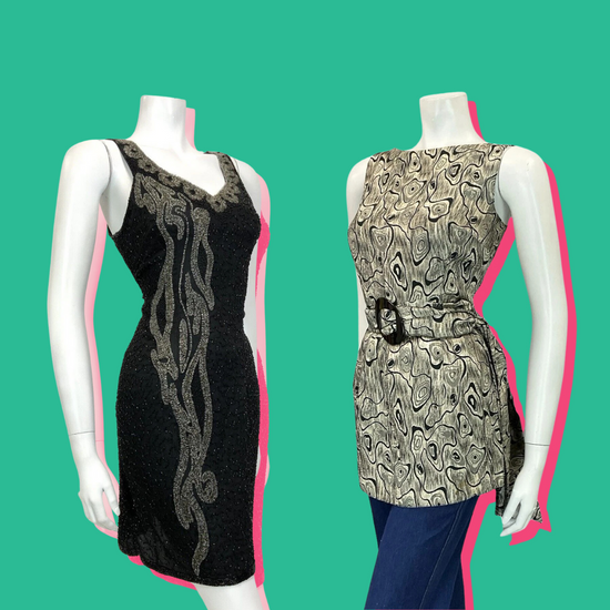 The mannequin on the left is wearing a black strappy dress embellished with gold and silver beading down the front; the mannequin on the right is wearing blue bell bottom jeans and a sleeveless tank top with a psychedelic gold and black swirling pattern. 