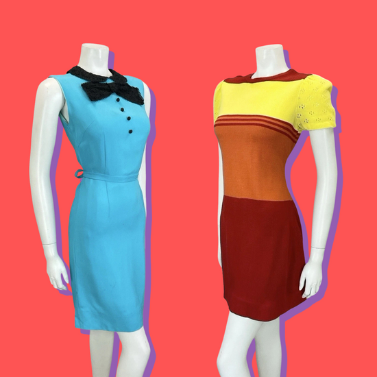 the mannequin on the left wears a bright blue sleeveless dress hat has a tie waist of the same colour, and a black contrast bow and peter pan collar. the mannequin to the right is wearing a puff sleeve colour block mini dress in yellow, orange and red. 