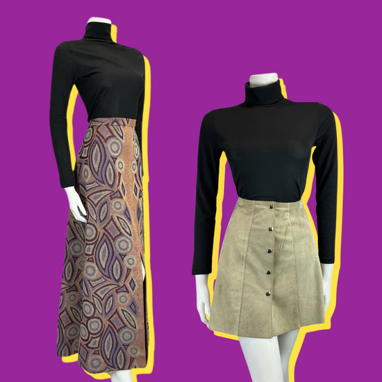 two mannequins wear vintage 1960s and 1970s skirts. The mannequin on the left wears a glittery geometric chevron pink and purple maxi skirt with a black turtleneck, and the mannequin on the right wears a sandy light tan suede mini skirt with a black turtleneck. 