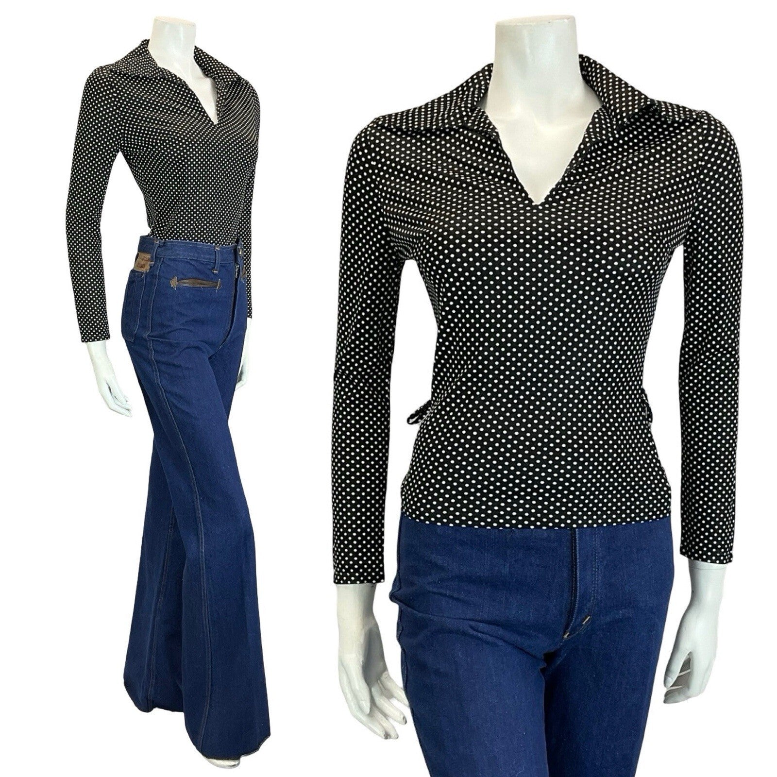 mannequin wears blue flared jeans and a polka dot black and white long sleeve wing collar top