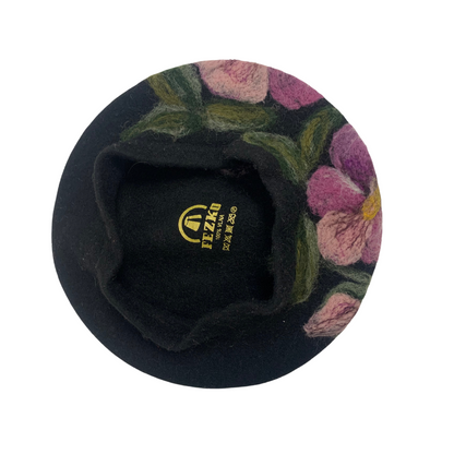 FLORAL PATTERN BLACK PURPLE VINTAGE 60s 70s BERET