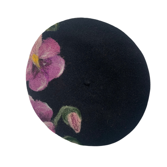 FLORAL PATTERN BLACK PURPLE VINTAGE 60s 70s BERET