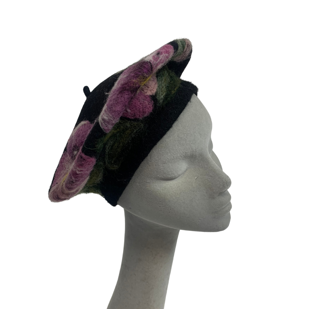 FLORAL PATTERN BLACK PURPLE VINTAGE 60s 70s BERET