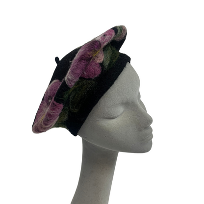 FLORAL PATTERN BLACK PURPLE VINTAGE 60s 70s BERET