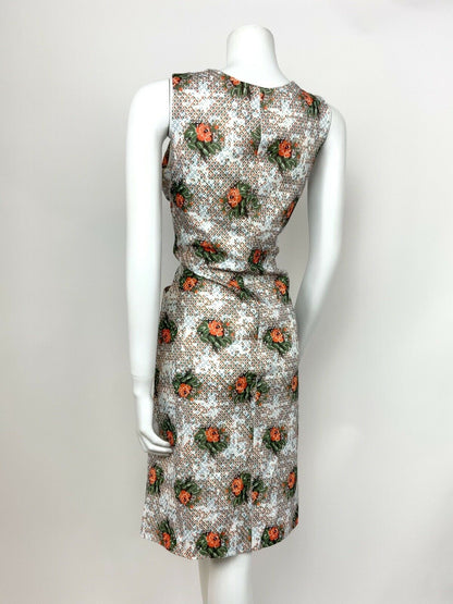 VTG 60s 70s ABSTRACT FLORAL WHITE GREEN ORANGE BLUE EMPIRE DRESS 12