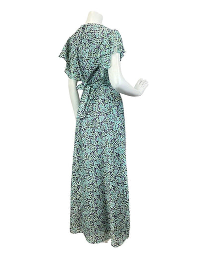 VINTAGE 60s 70s GREEN BLUE PURPLE DITSY FLORAL RUFFLED BOHO MAXI DRESS 12