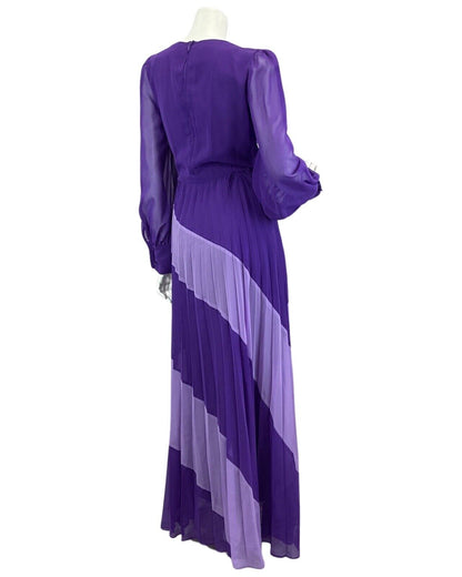 VINTAGE 60s 70s PURPLE LILAC PLEATED SHEER SLEEVE DISCO BOHO FOLK  MAXI DRESS 8