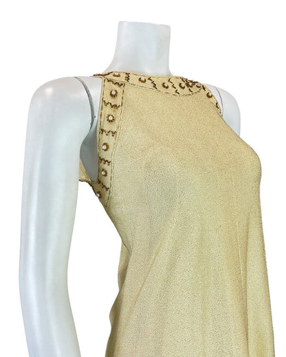 VINTAGE 60s 70s GOLD BEADED MOD DISCO STUDIO 54 PARTY SLEEVELESS SHIFT DRESS 10