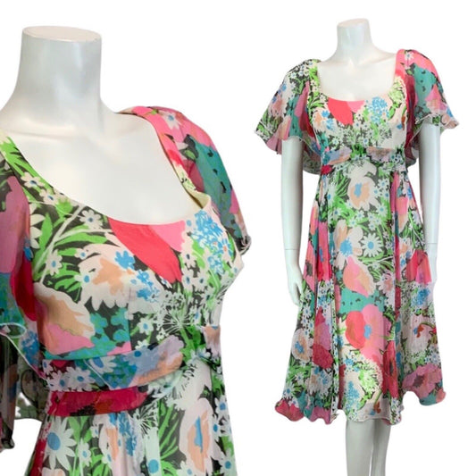 VINTAGE 60s 70s PINK BLUE GREEN FLORAL PRINT RUFFLED FLOATY MIDI DRESS 8 10