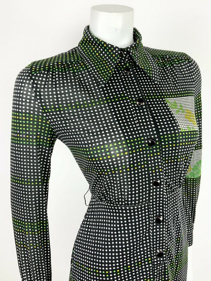 VINTAGE 60s 70s BLACK WHITE GREEN YELLOW GEOMETRIC DOTTY SHIRT DRESS 8 10