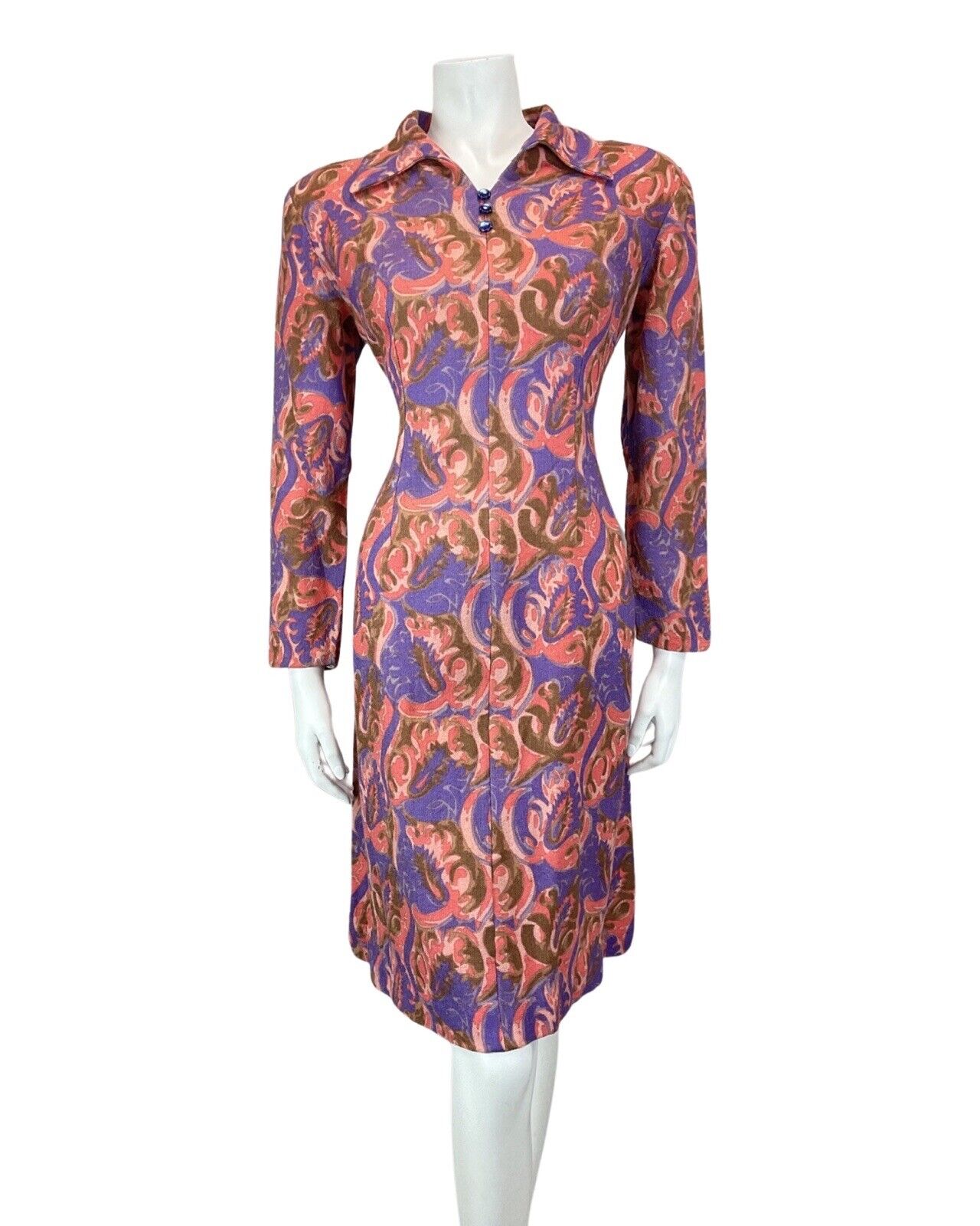 VINTAGE 60s 70s PURPLE PINK BROWN PSYCHEDELIC SWIRL MOD SHIRT DRESS 12 14