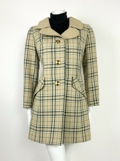 VINTAGE 60s 70s GREEN WHITE BEIGE GOLD PLAID TARTAN LUCIE LINDEN COAT 10 12 14