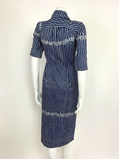 VINTAGE 60s 70s NAVY BLUE WHITE ROPE KNOT SHIRT WAIST DRESS 8 10